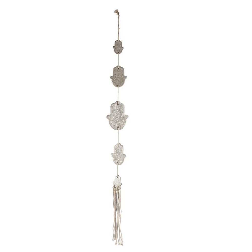 Flora Bunda White Ceramic & Macramé Hamsa Hand Hanging Wall Decor W Tassel NWT